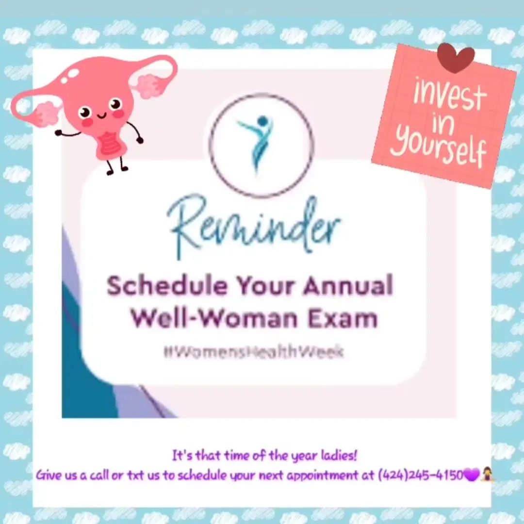 Ladies it's that time of the year! 
It's important to get checked out every year. Call us or txt us at (424)245-4150 to book your next appointment for a well women exam , pap ect. Remember Self-love is very important.
#womenhealthcare #loveyourself #natrualbeauty #selflove